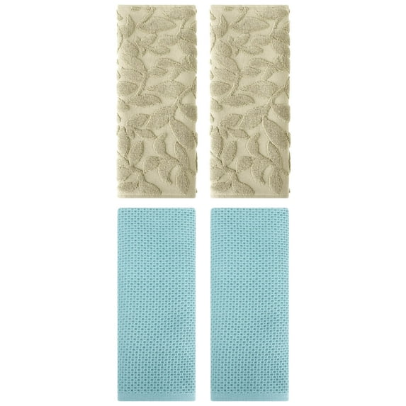 Unique Bargains 4 Pcs Cotton Hand Towels Light Blue/Khaki 13" x 30"/14" x 30"