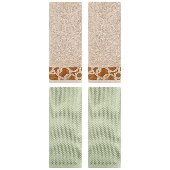 Unique Bargains 4 Pcs Cotton Hand Towels Light Green/Brown 13" x 30"/13" x 29"
