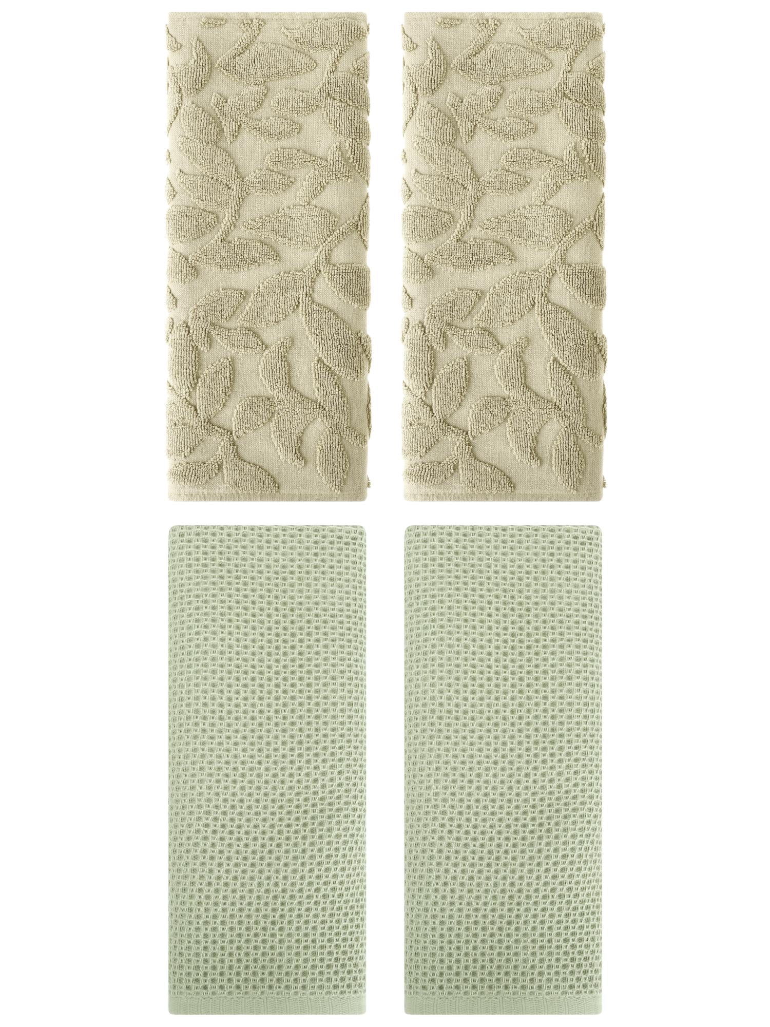 Unique Bargains 4 Pcs Cotton Hand Towels Light Green/Khaki 13" x 30"/14" x 30"
