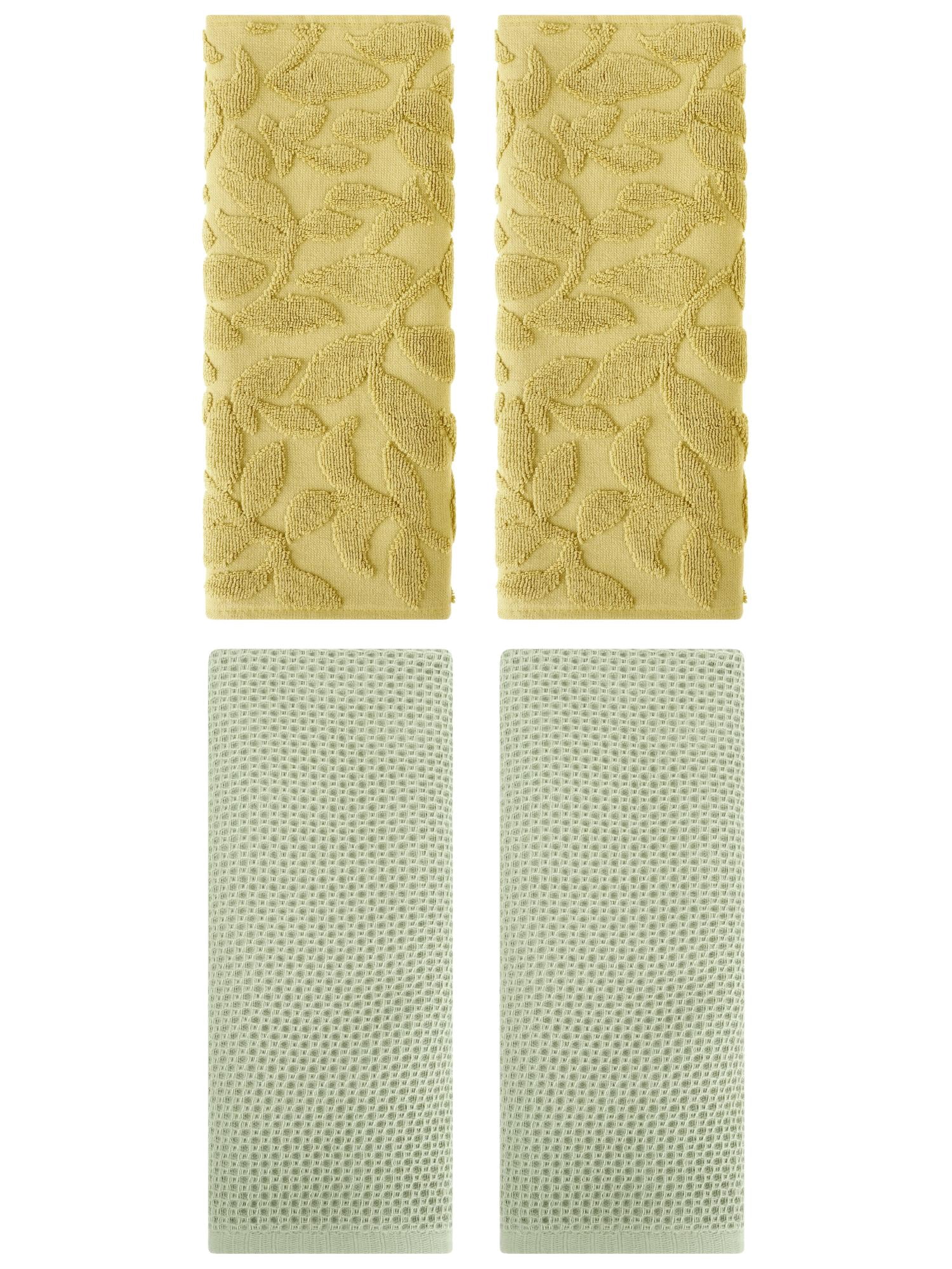 Unique Bargains 4 Pcs Cotton Hand Towels Light Green/Yellow 13" x 30"/14" x 30"