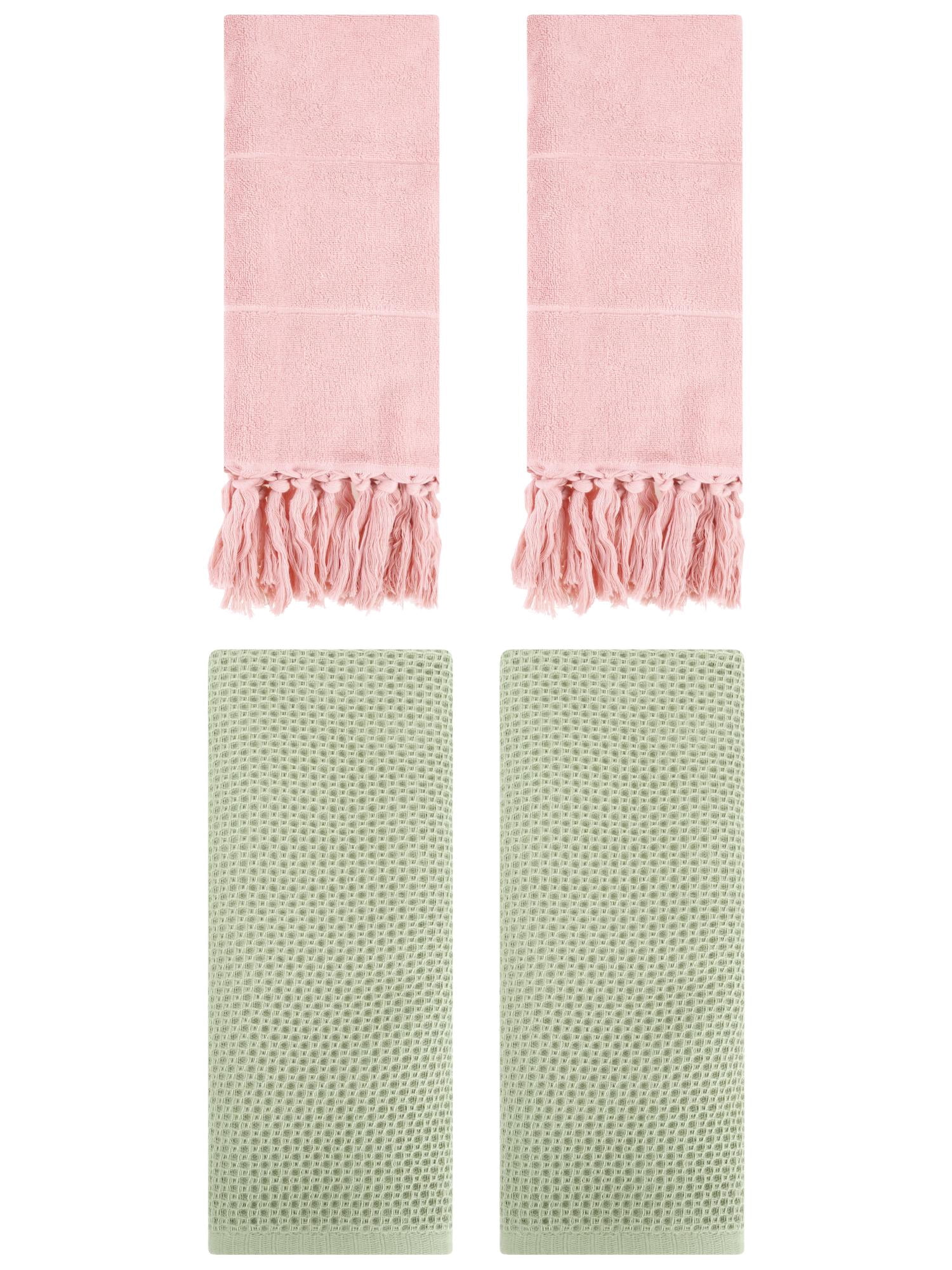 Unique Bargains 4 Pcs Cotton Hand Towels Pink/Light Green 14" x 30"/13" x 30"