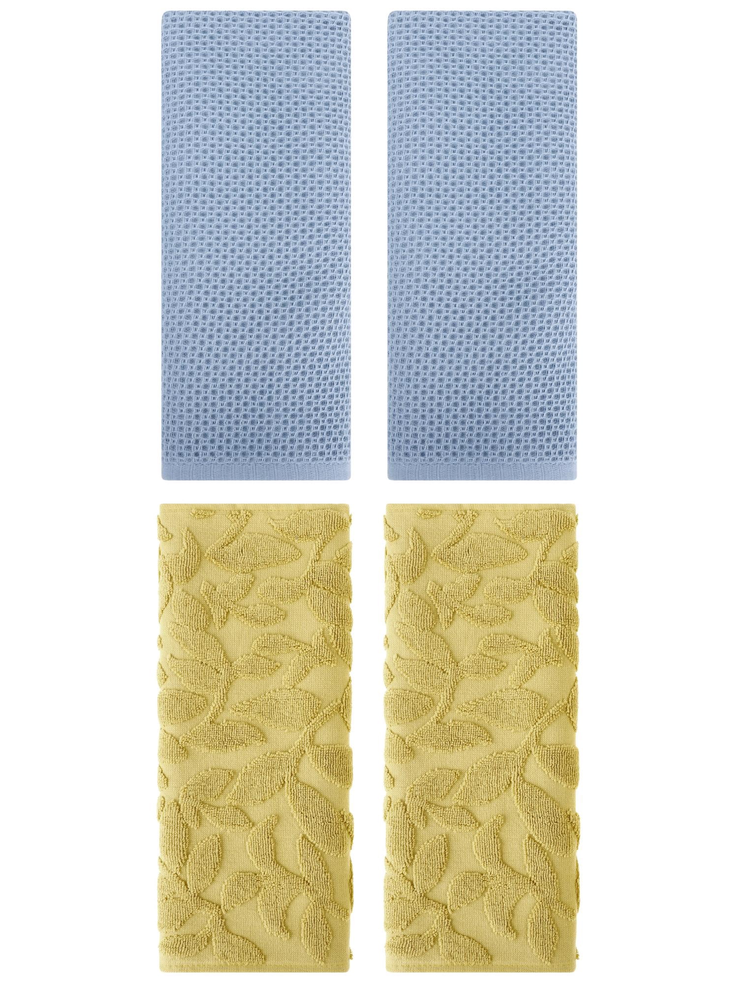 Unique Bargains 4 Pcs Cotton Hand Towels Steel Blue/Yellow 13" x 30"/14" x 30"