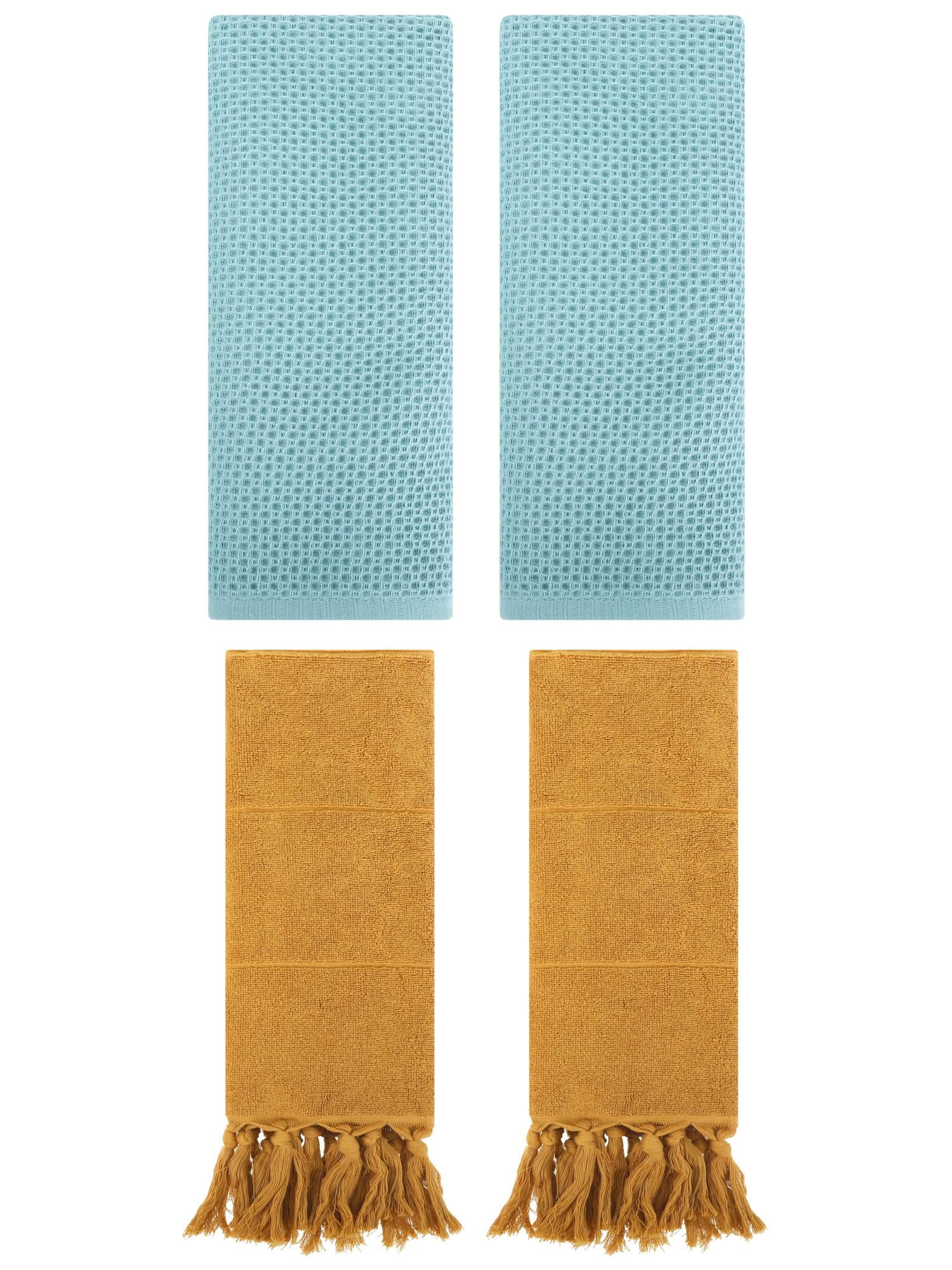 Unique Bargains 4 Pcs Cotton Hand Towels Yellow/Light Blue 14" x 30"/13" x 30"