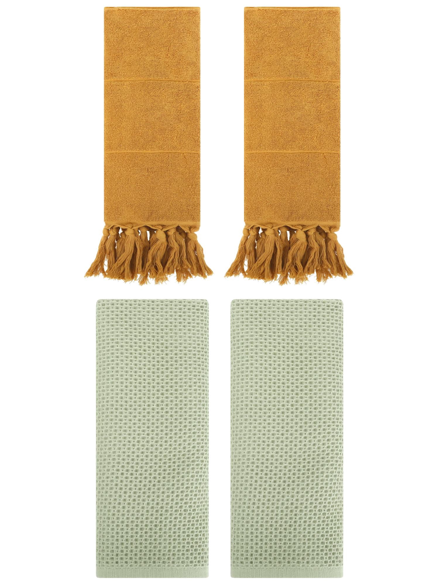 Unique Bargains 4 Pcs Cotton Hand Towels Yellow/Light Green 14" x 30"/13" x 30"
