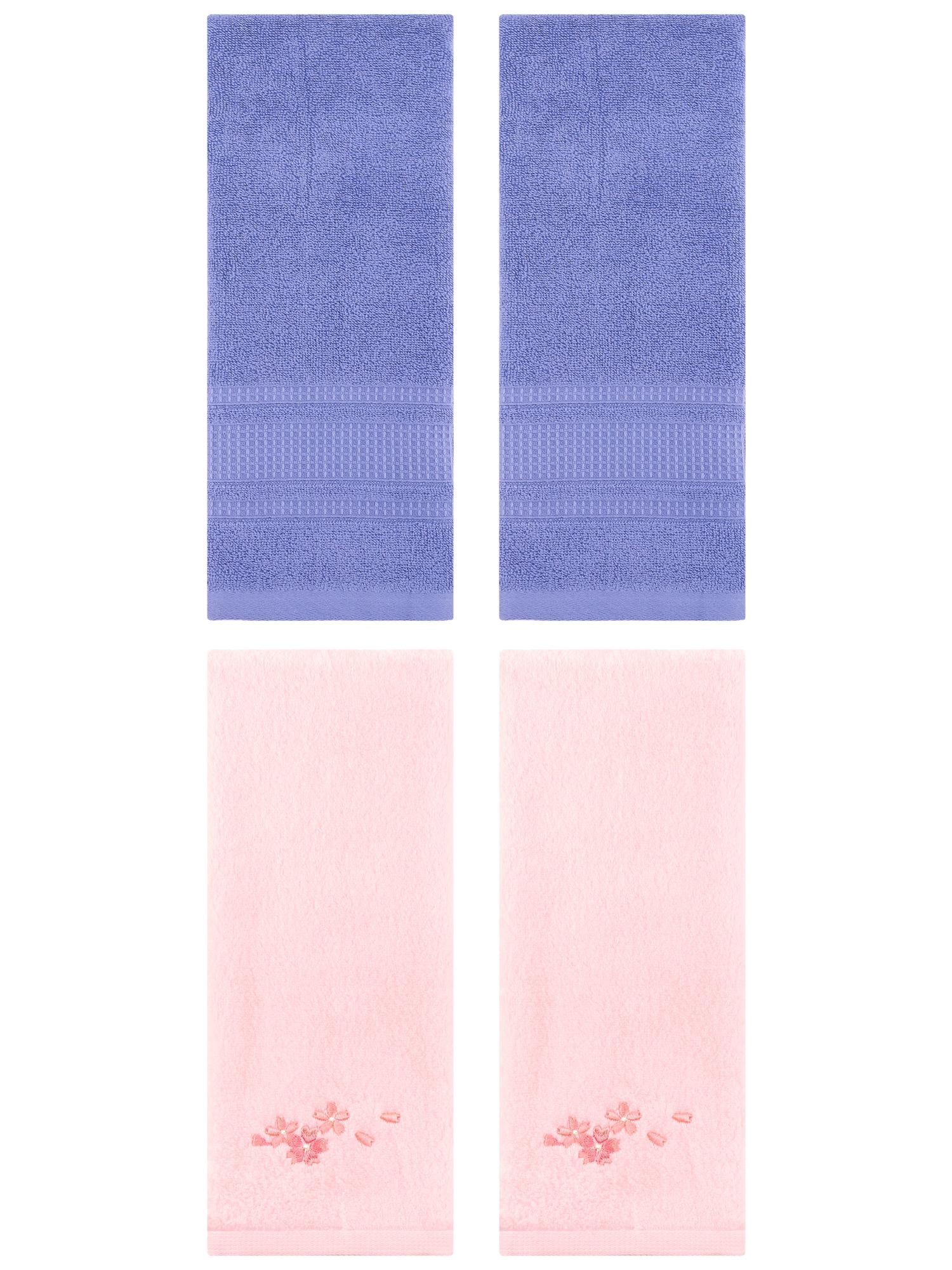 Unique Bargains 4 Pcs Cotton Soft Floral Hand Towels 13" x 29" Pink/Dark Blue