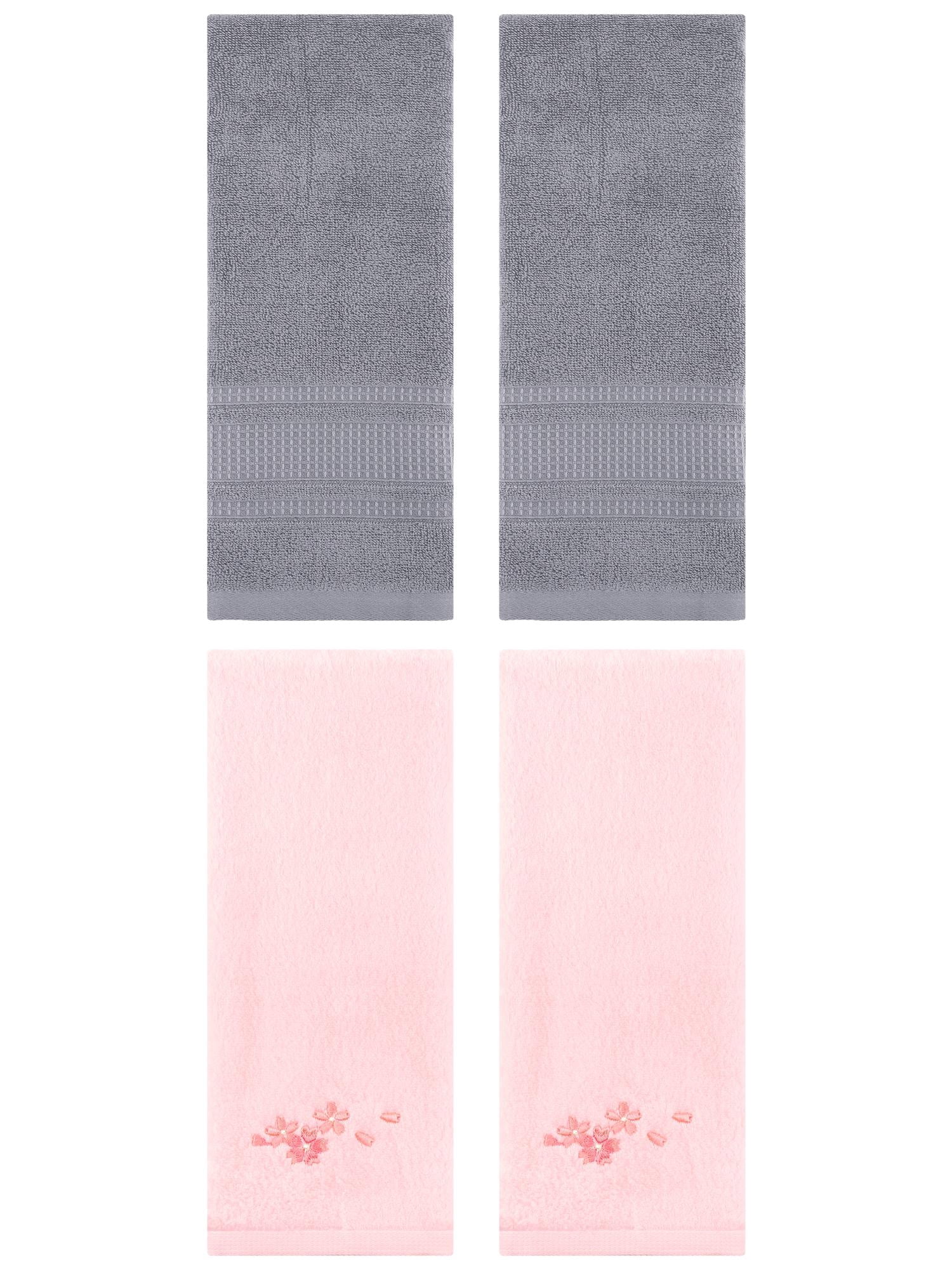 Unique Bargains 4 Pcs Cotton Soft Floral Hand Towels 13" x 29" Pink/Grey