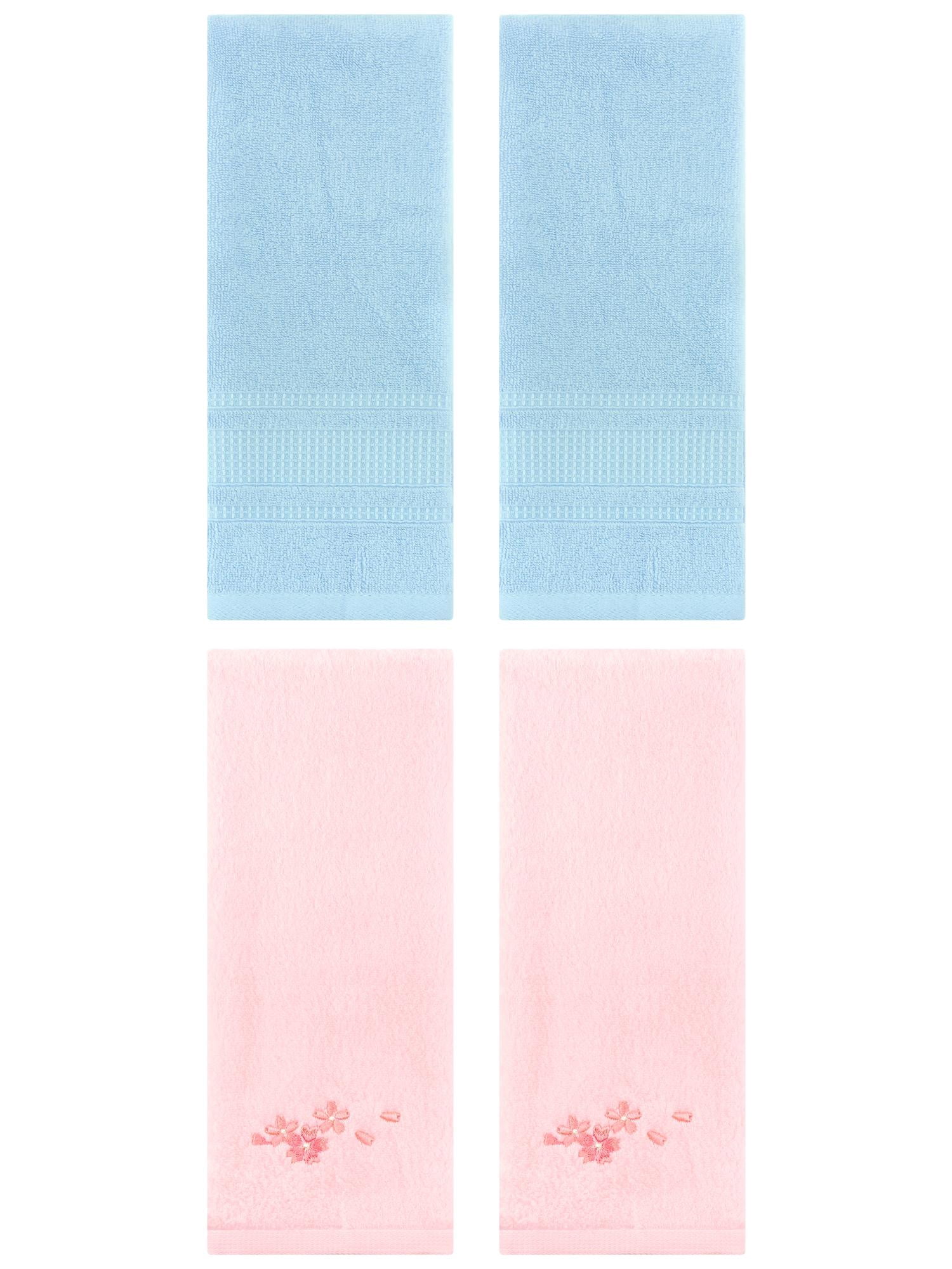 Unique Bargains 4 Pcs Cotton Soft Floral Hand Towels 13" x 29" Pink/Light Blue
