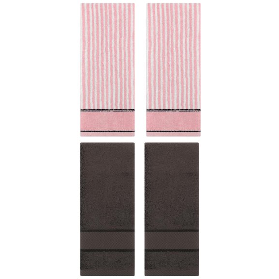 Unique Bargains 4 Pcs Cotton Soft Striped Hand Towel Dark Brown/Pink 14" x 30"/13" x 29"