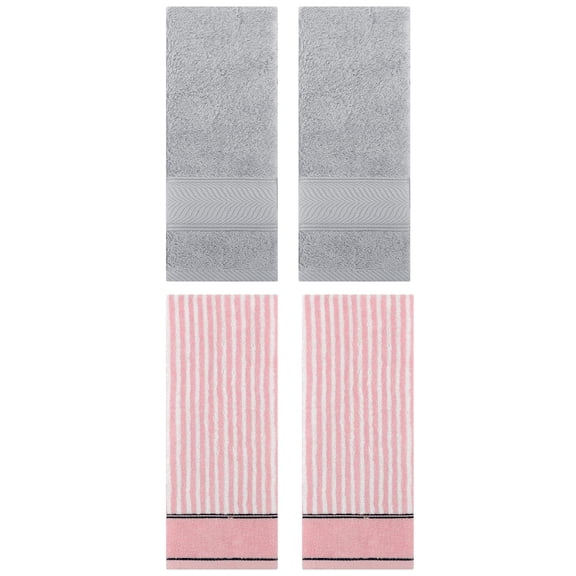 Unique Bargains 4 Pcs Cotton Soft Striped Hand Towel Light Grey/Pink 14" x 30"/13" x 29"
