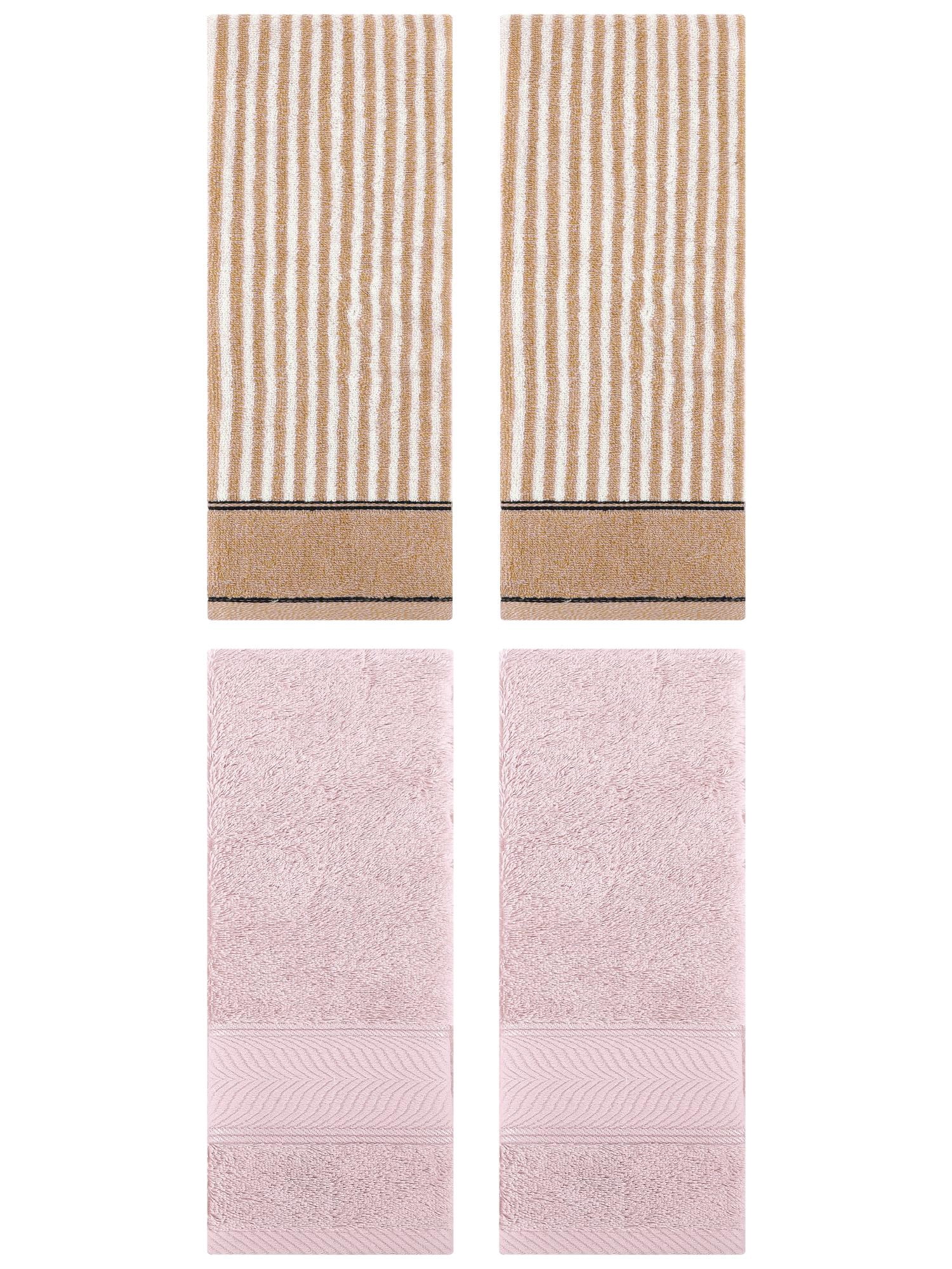 Unique Bargains 4 Pcs Cotton Soft Striped Hand Towel Light Pink/Brown 14" x 30"/13" x 29"