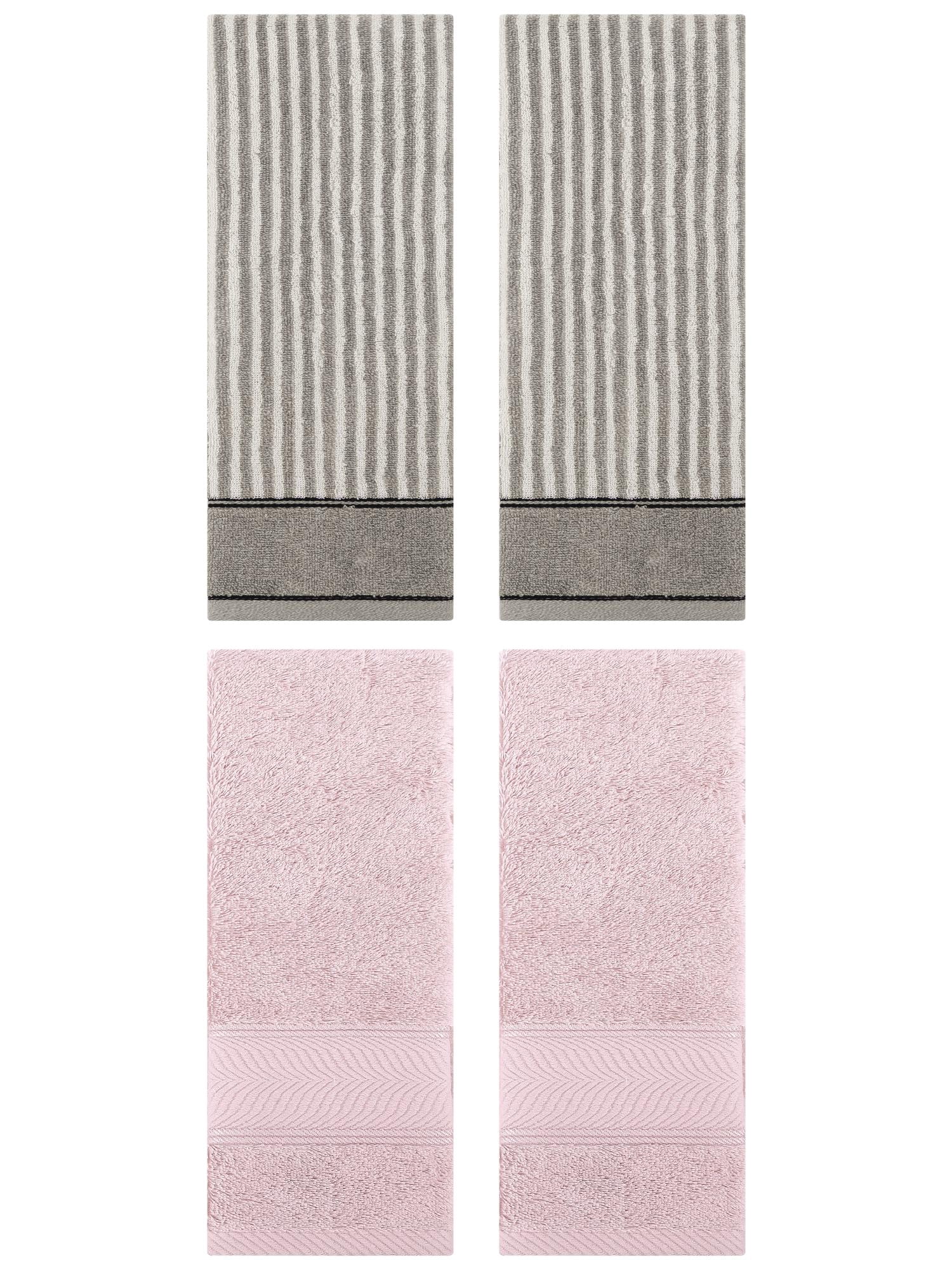 Unique Bargains 4 Pcs Cotton Soft Striped Hand Towel Light Pink/Grey 14" x 30"/13" x 29"