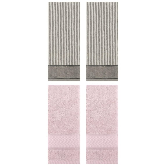 Unique Bargains 4 Pcs Cotton Soft Striped Hand Towel Light Pink/Grey 14" x 30"/13" x 29"