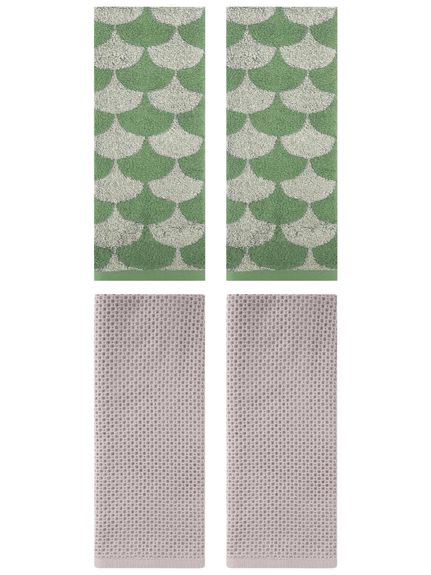 Unique Bargains 4 Pcs Cotton Solid Hand Towels Camel/Green 13" x 30"/13" x 29"