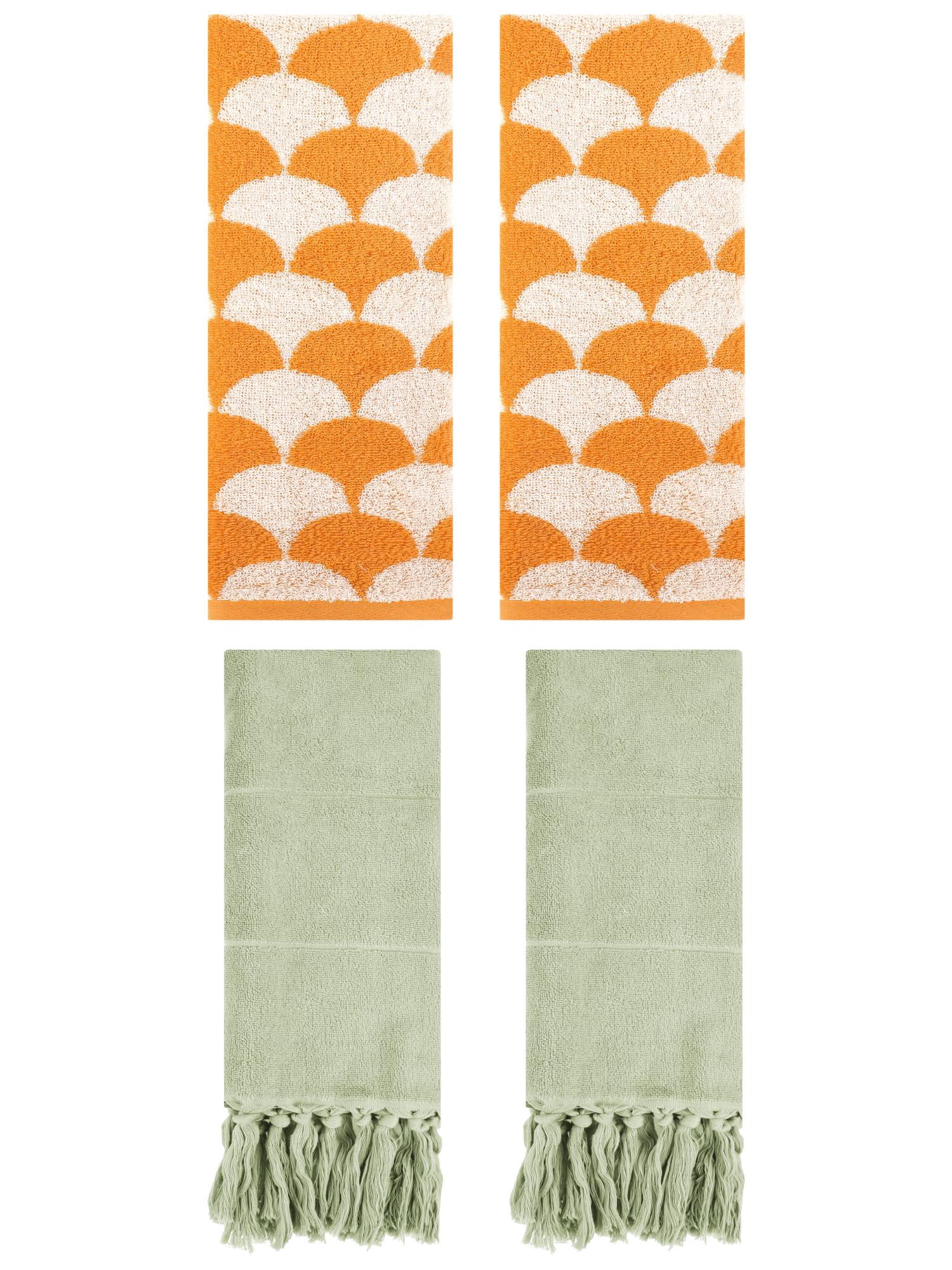 Unique Bargains 4 Pcs Cotton Solid Hand Towels Green/Orange 14" x 30"/13" x 29"