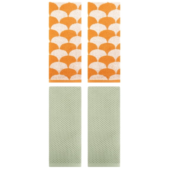 Unique Bargains 4 Pcs Cotton Solid Hand Towels Light Green/Orange 13" x 30"/13" x 29"