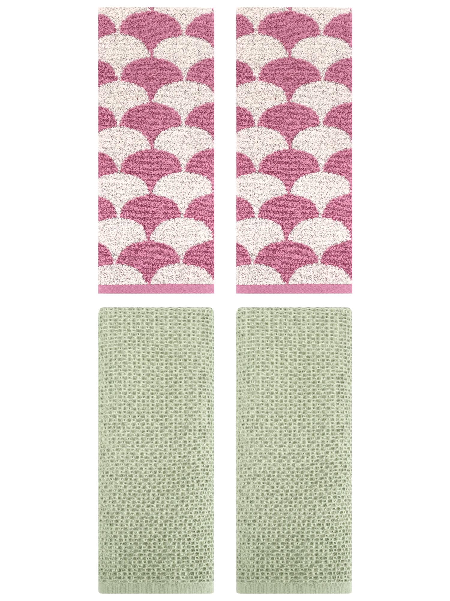 Unique Bargains 4 Pcs Cotton Solid Hand Towels Light Green/Pink 13" x 30"/13" x 29"