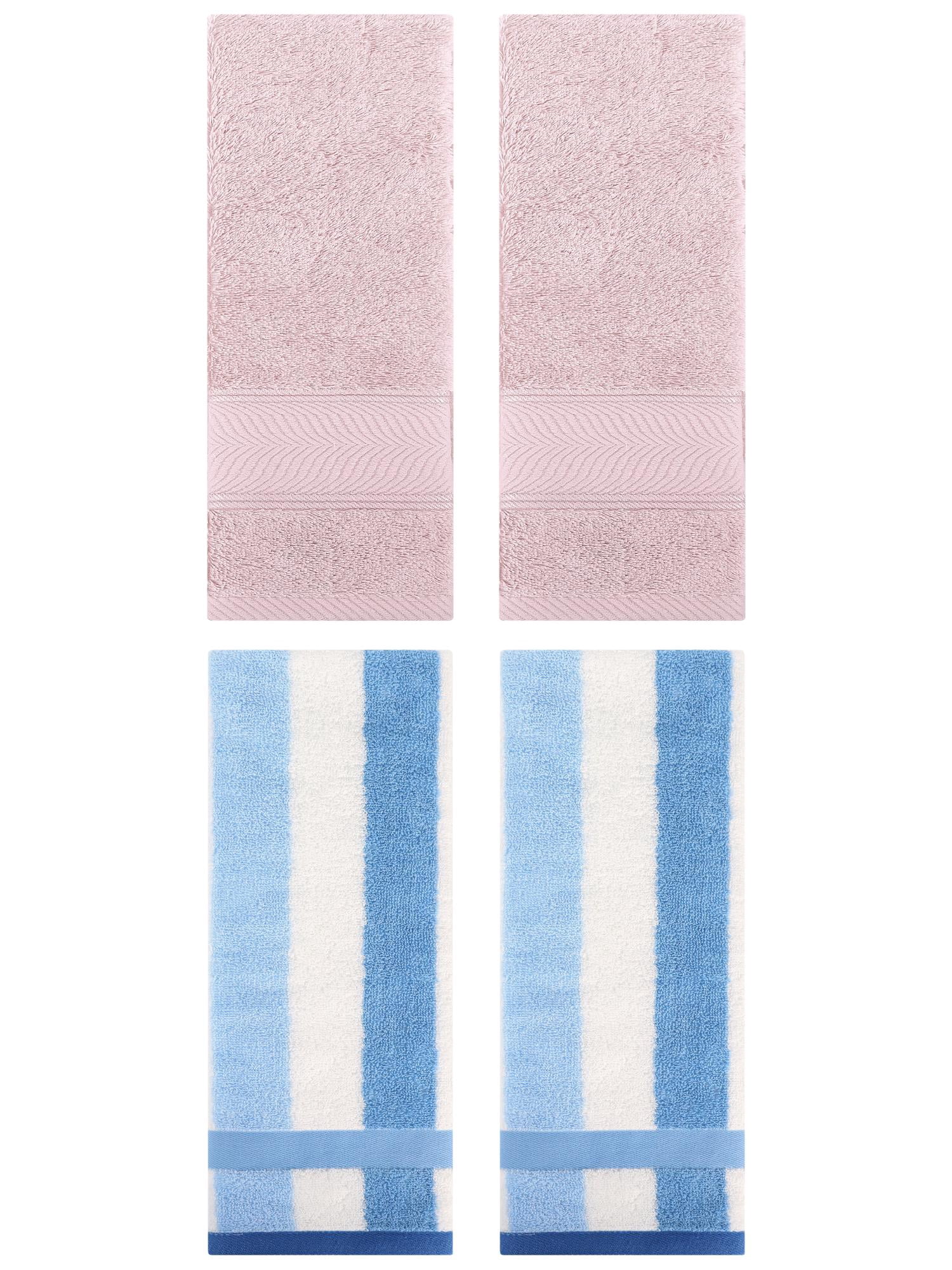 Unique Bargains 4 Pcs Cotton Striped Hand Towel Set Blue/Light Pink 13" x 29"/14" x 30"
