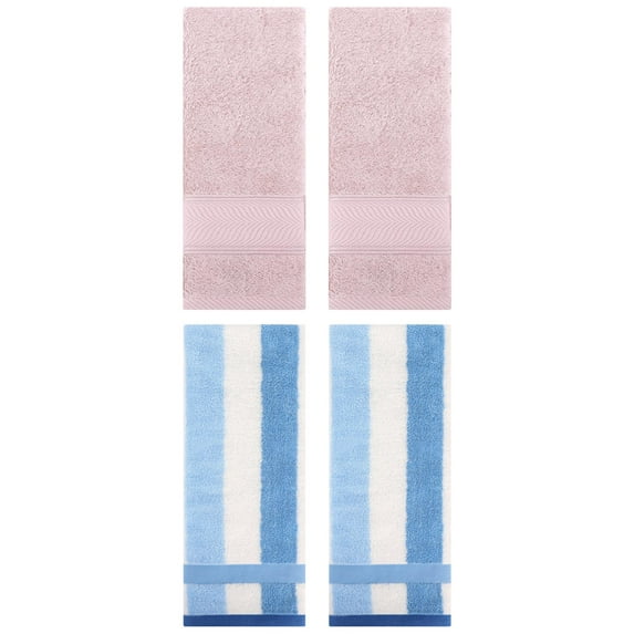 Unique Bargains 4 Pcs Cotton Striped Hand Towel Set Blue/Light Pink 13" x 29"/14" x 30"