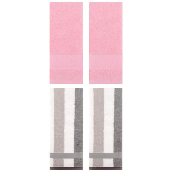 Unique Bargains 4 Pcs Cotton Striped Hand Towel Set Grey/Pink 13" x 29"/14" x 30"