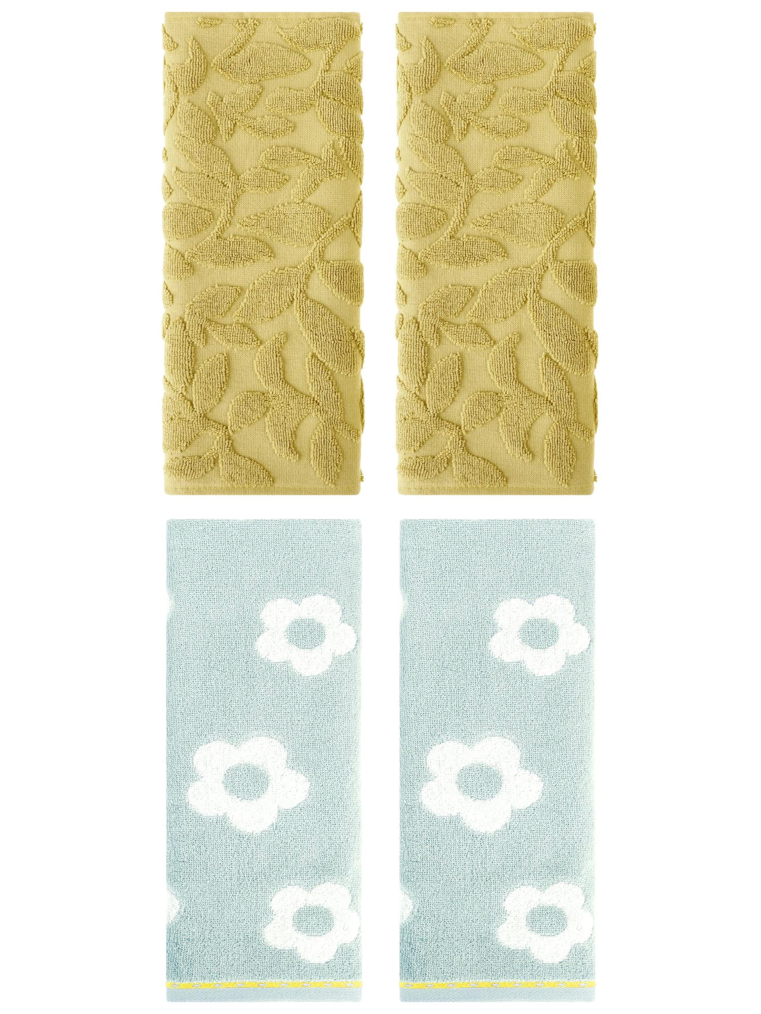 Unique Bargains 4 Pcs Cute Floral Cotton Soft Towels 14 x 30 Inch Green/Yellow