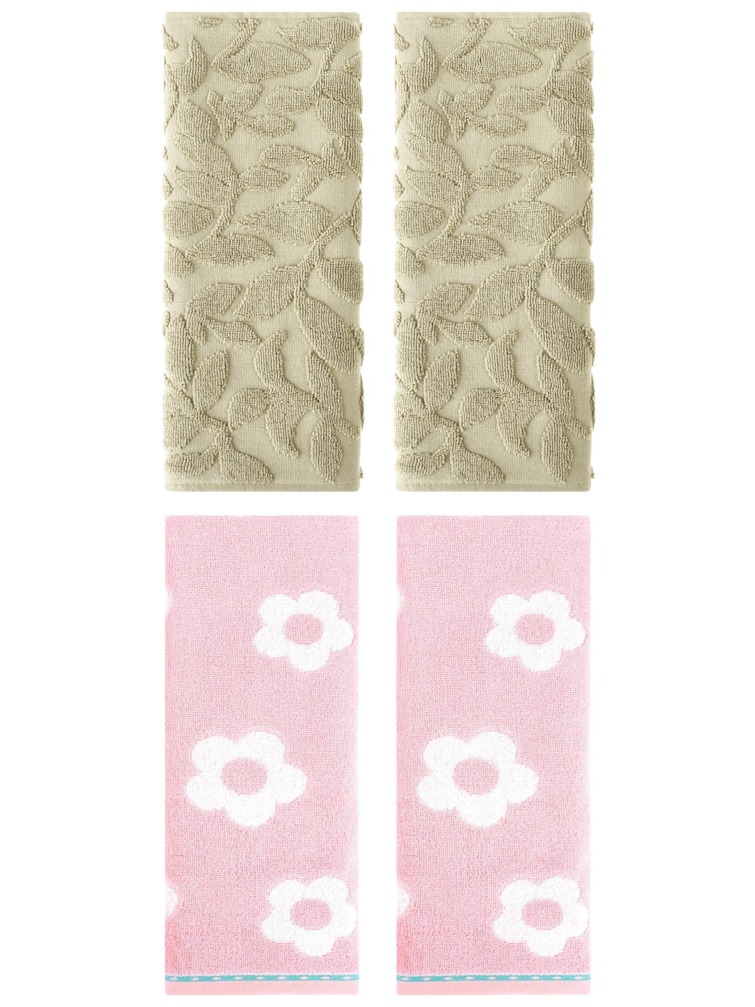 Unique Bargains 4 Pcs Cute Floral Cotton Soft Towels 14 x 30 Inch Pink/Khaki