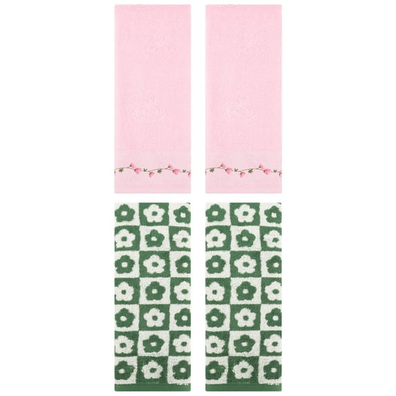Unique Bargains 4 Pcs Cute Floral Hand Towel Green/Pink 14" x 30"/13" x 29"