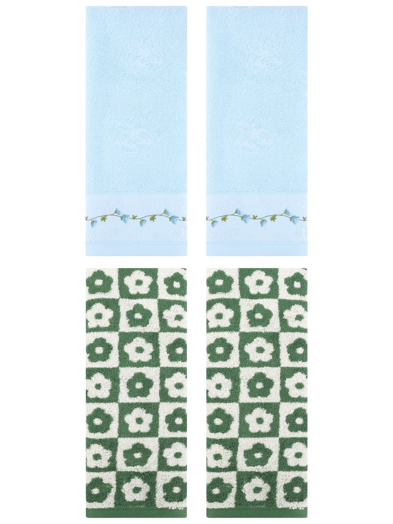 Unique Bargains 4 Pcs Cute Floral Soft Hand Towel Green/Blue 14" x 30"/13" x 29"
