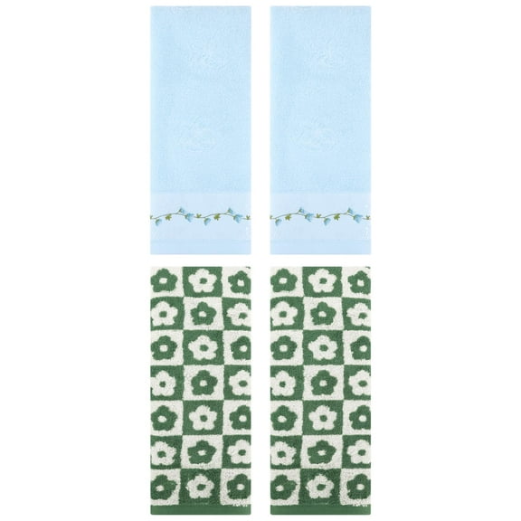 Unique Bargains 4 Pcs Cute Floral Soft Hand Towel Green/Blue 14" x 30"/13" x 29"