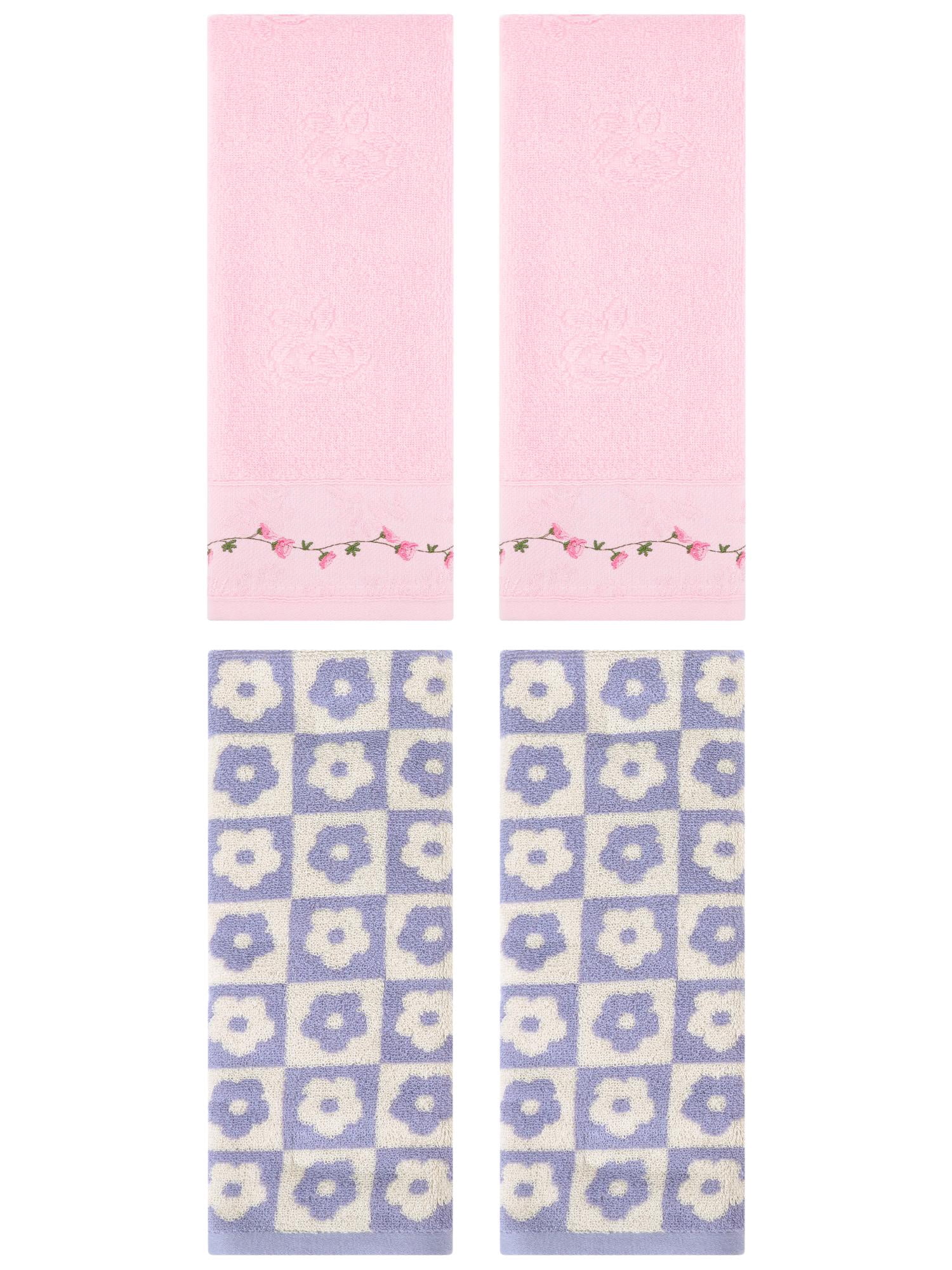 Unique Bargains 4 Pcs Cute Floral Soft Hand Towel Purple/Pink 14" x 30"/13" x 29"