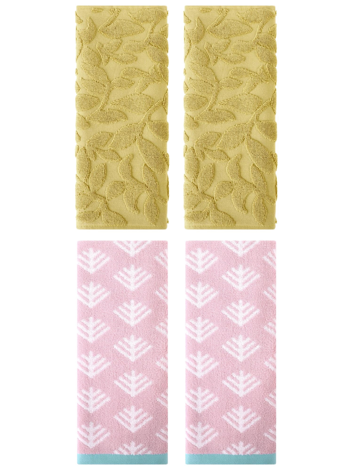 Unique Bargains 4 Pcs Cute Pattern Cotton Soft Towels 14 x 30 Inch Pink/Yellow