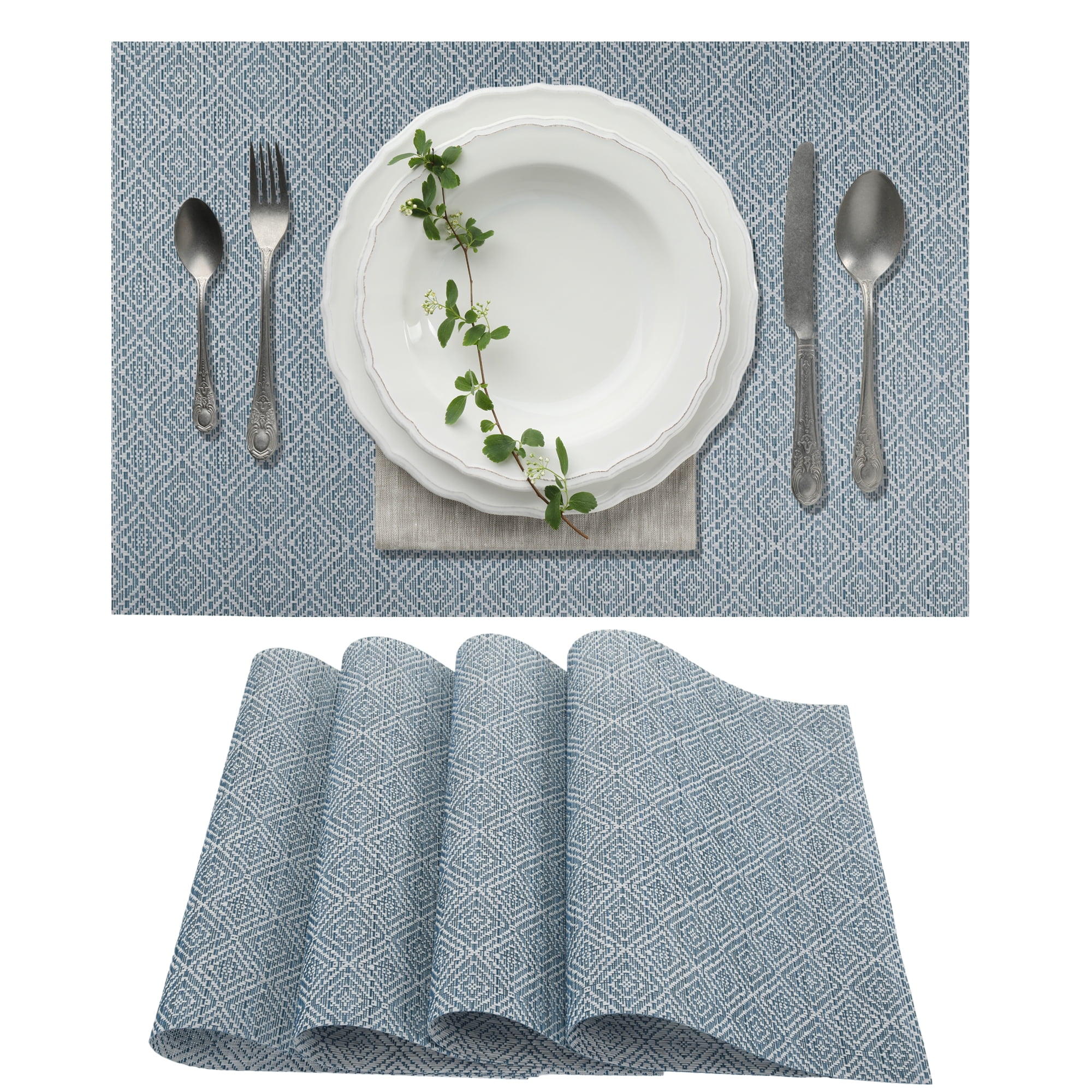 Unique Bargains 4 Pcs Diamond Pattern Polyester Heat Resistant Washable Placemats Blue
