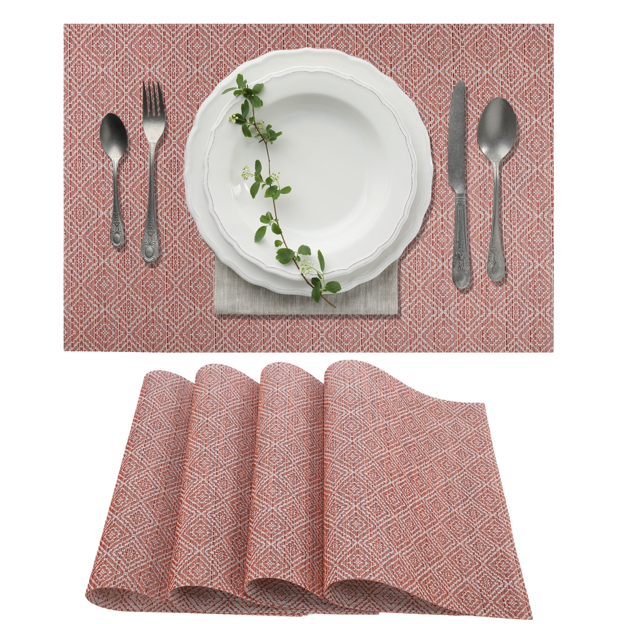 Unique Bargains 4 Pcs Diamond Pattern Polyester Heat Resistant Washable Placemats Red