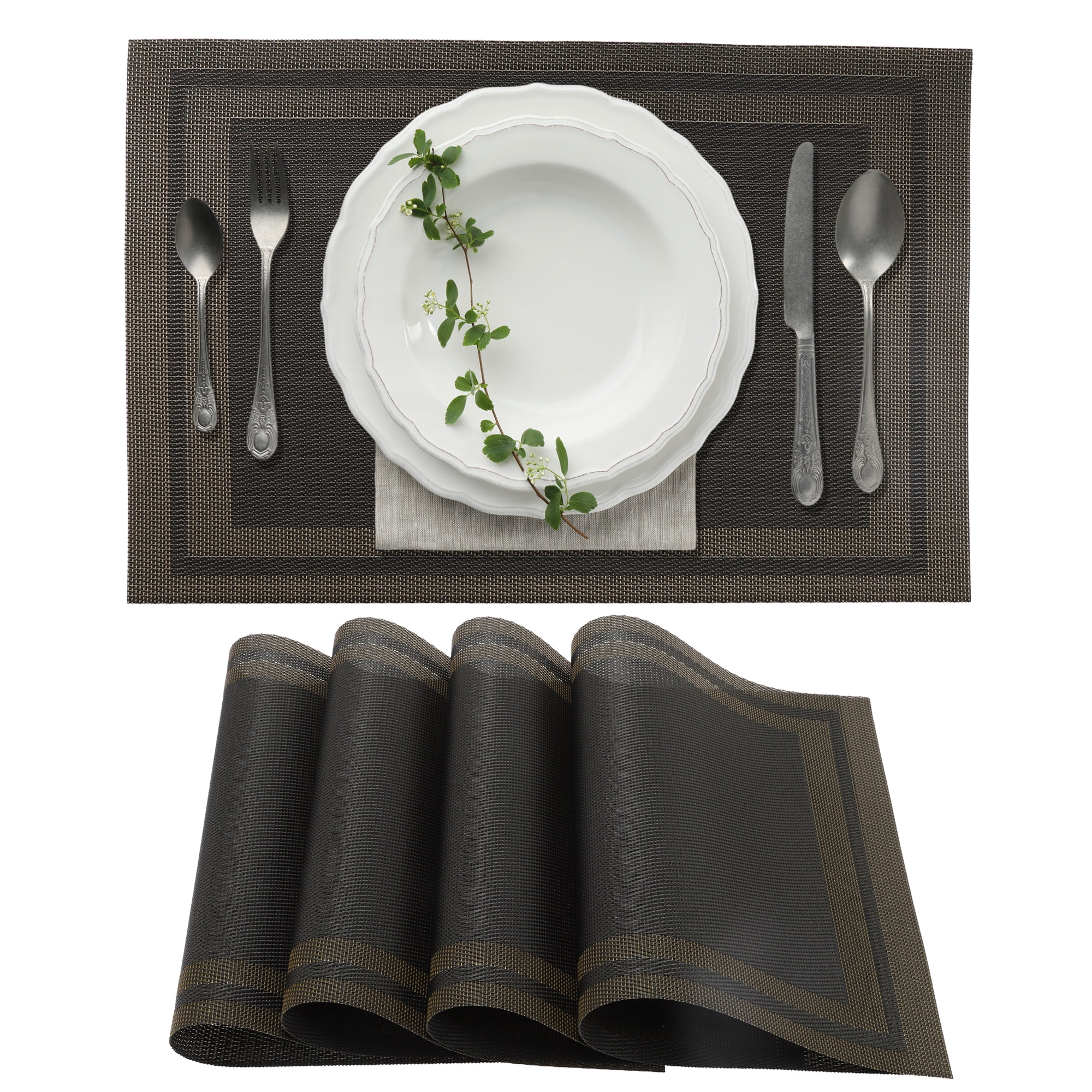 Unique Bargains 4 Pcs Double Frame Placemats PET Place Mats for Kitchen Dining Black