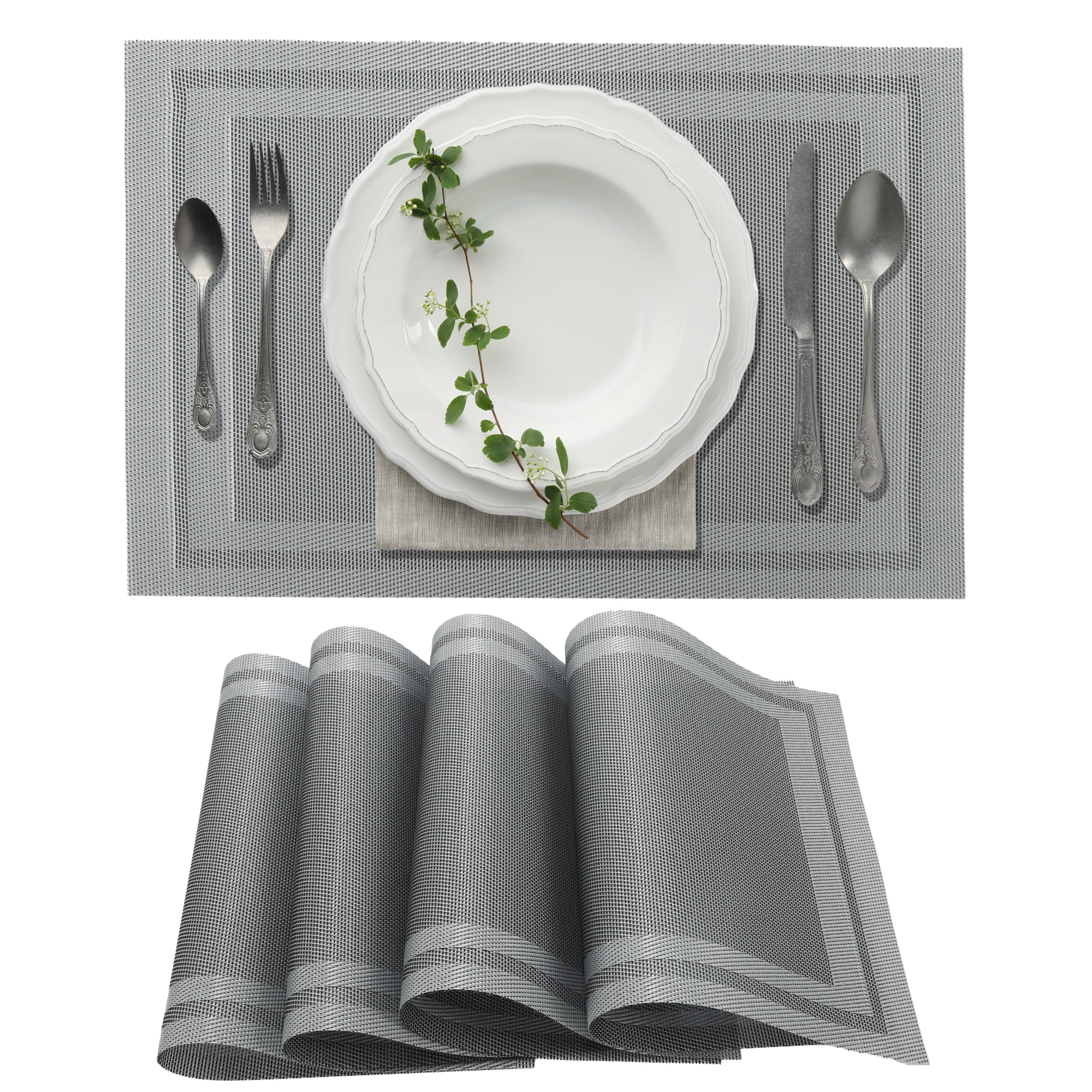 Unique Bargains 4 Pcs Double Frame Placemats PET Place Mats for Kitchen Dining Gray