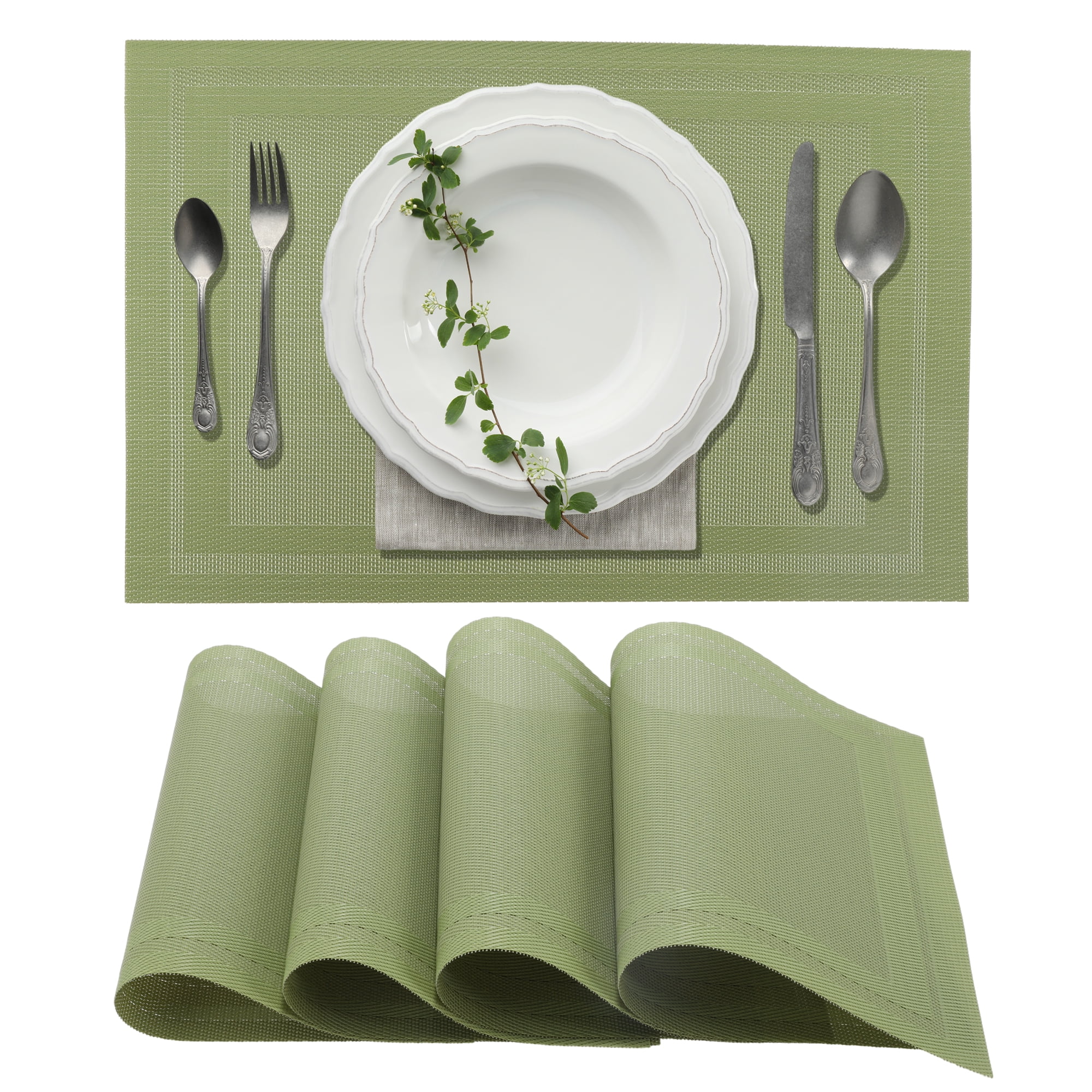 Unique Bargains 4 Pcs Double Frame Placemats PET Place Mats for Kitchen Dining Green