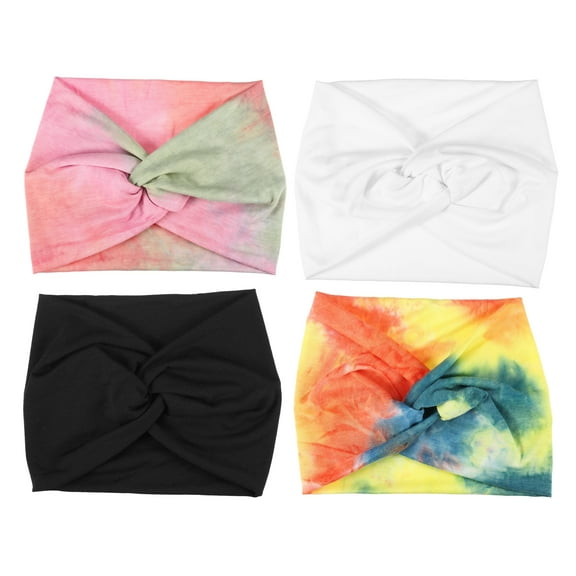Unique Bargains 4 Pcs Fashion Bohemia Widening Knotted Headwrap for Women for Girls Black White Blue Pink