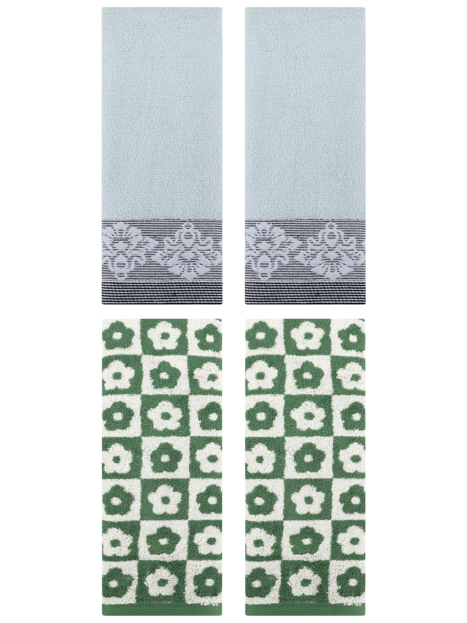Unique Bargains 4 Pcs Floral Absorbent Hand Towels Green/Blue 14" x 30"/13" x 29"