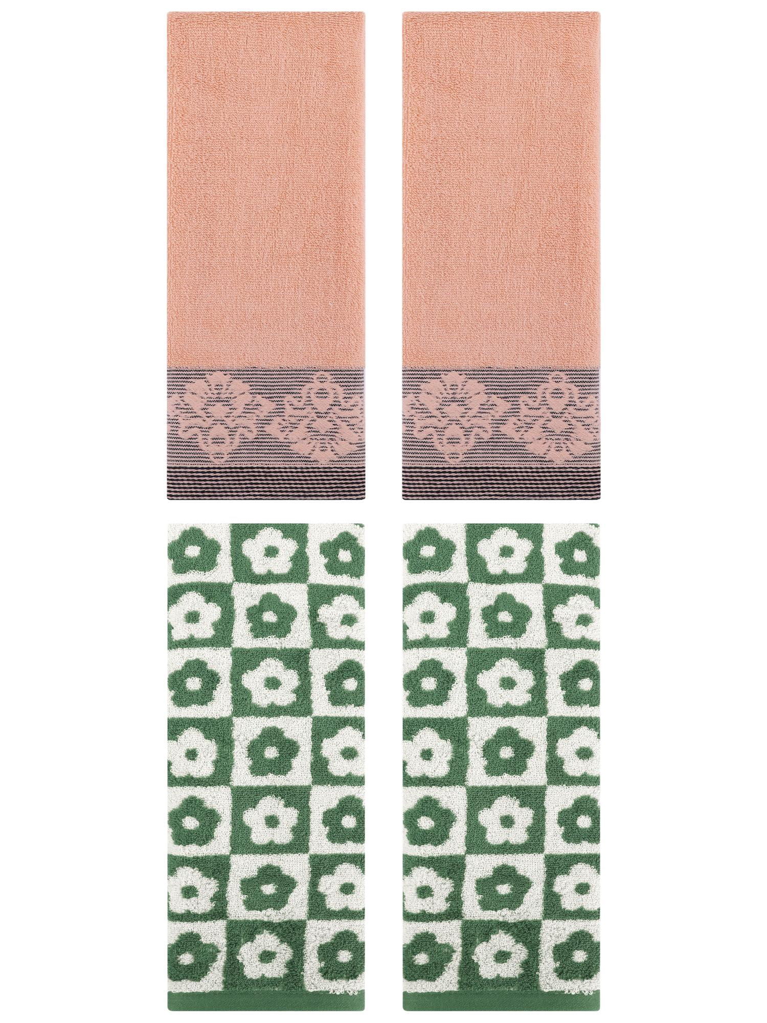 Unique Bargains 4 Pcs Floral Absorbent Hand Towels Green/Brown 14" x 30"/13" x 29"