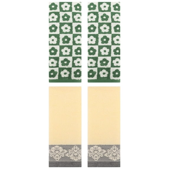Unique Bargains 4 Pcs Floral Absorbent Hand Towels Green/Yellow 14" x 30"/13" x 29"