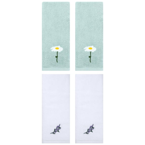Unique Bargains 4 Pcs Floral Comfy Hand Towel Blue/White 13" x 30"/13" x 29"