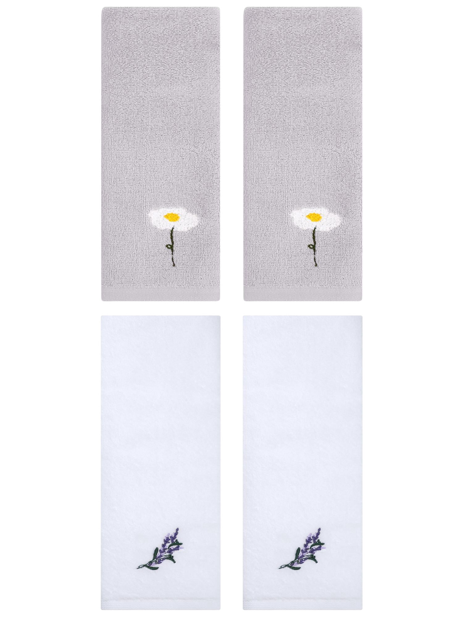 Unique Bargains 4 Pcs Floral Comfy Hand Towel Grey/White 13" x 30"/13" x 29"