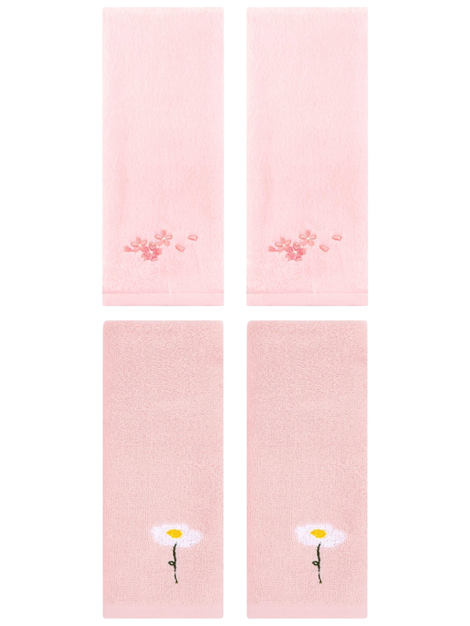 Unique Bargains 4 Pcs Floral Comfy Hand Towel Pink 13" x 30"/13" x 29"