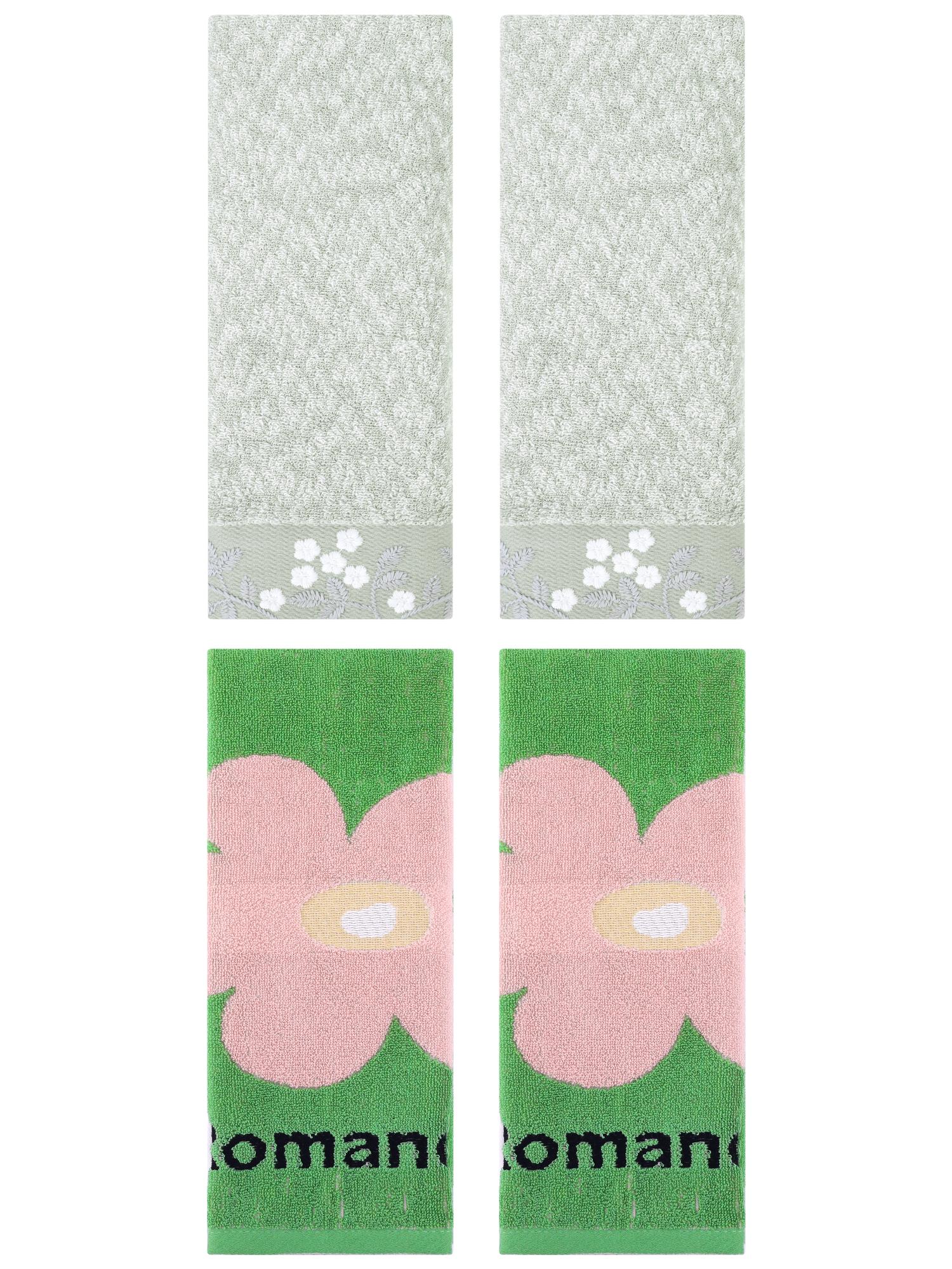 Unique Bargains 4 Pcs Floral Cotton Hand Towel Green 14" x 28"/13" x 30"