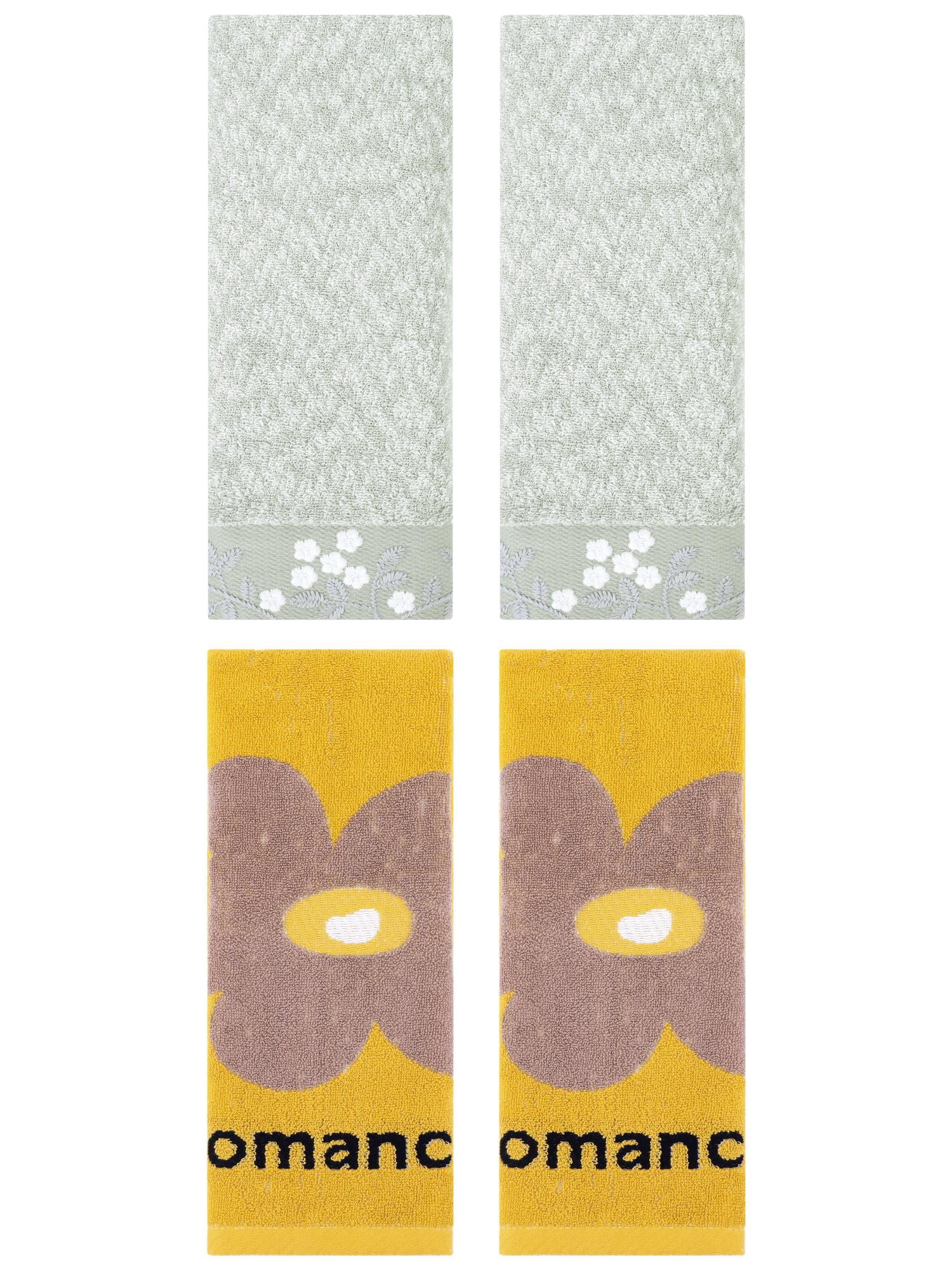 Unique Bargains 4 Pcs Floral Cotton Hand Towel Green/Yellow 14" x 28"/13" x 30"