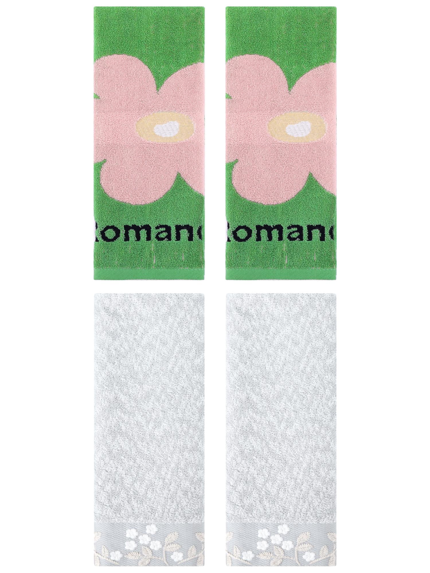 Unique Bargains 4 Pcs Floral Cotton Hand Towel Grey/Green 14" x 28"/13" x 30"