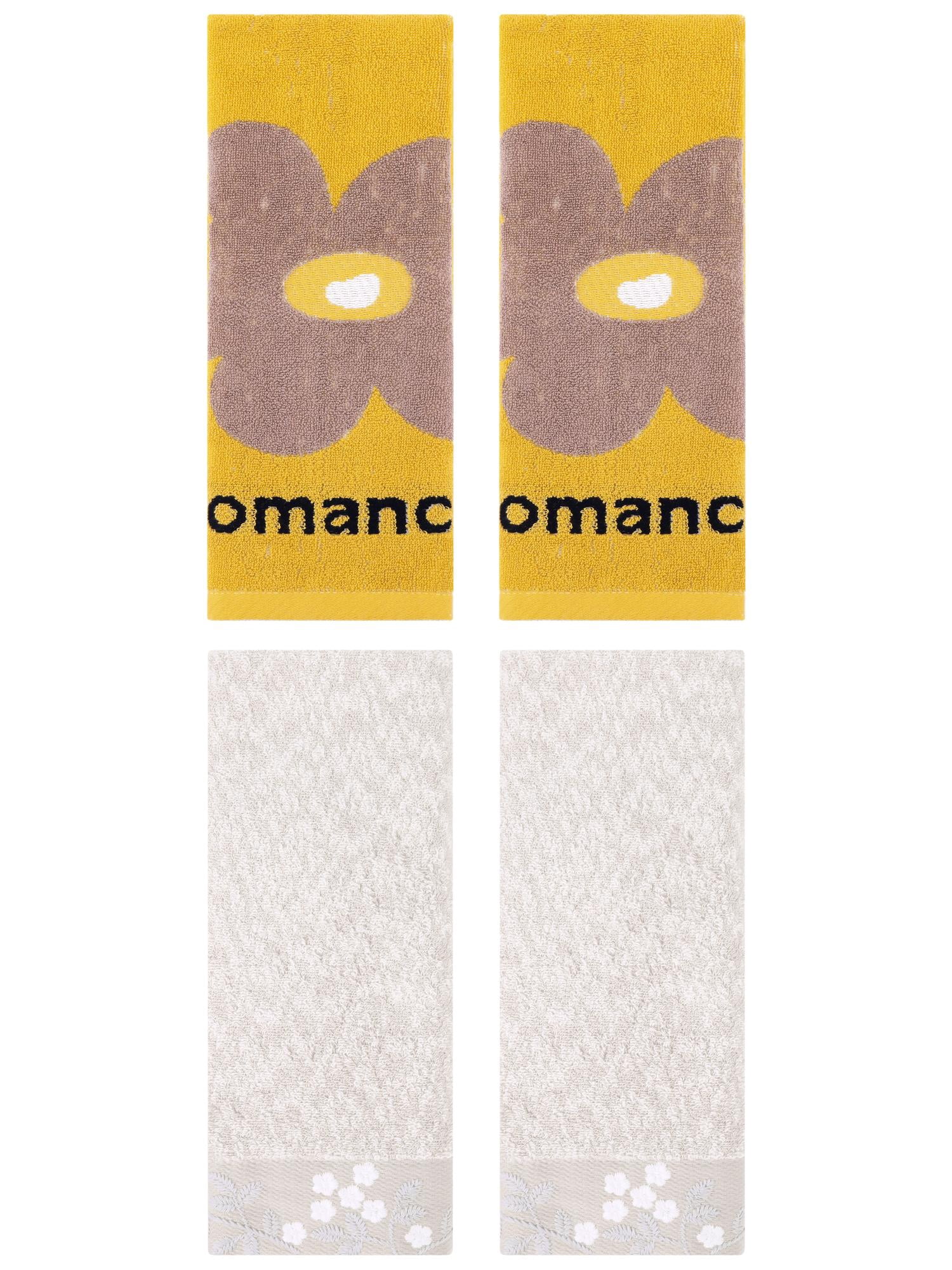 Unique Bargains 4 Pcs Floral Cotton Hand Towel Light Brown/Yellow 14" x 28"/13" x 30"