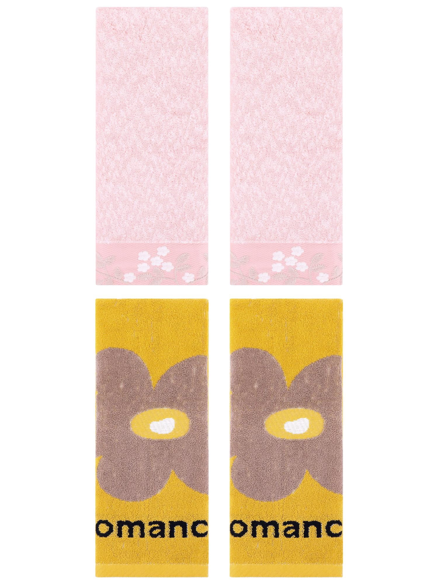 Unique Bargains 4 Pcs Floral Cotton Hand Towel Pink/Yellow 14" x 28"/13" x 30"