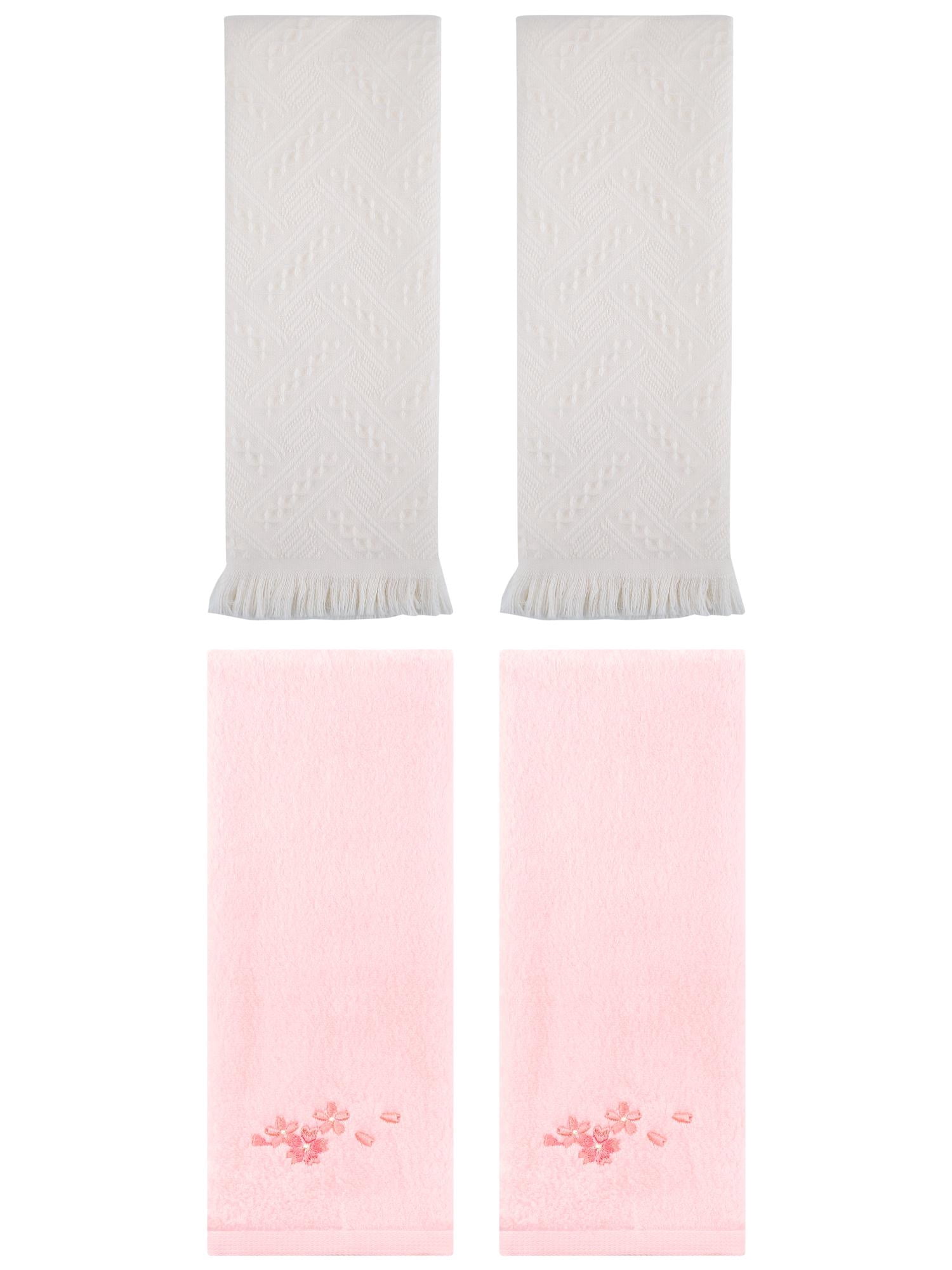 Unique Bargains 4 Pcs Floral Embroidered Bathroom Hand Towels 13" x 29" Pink/Beige