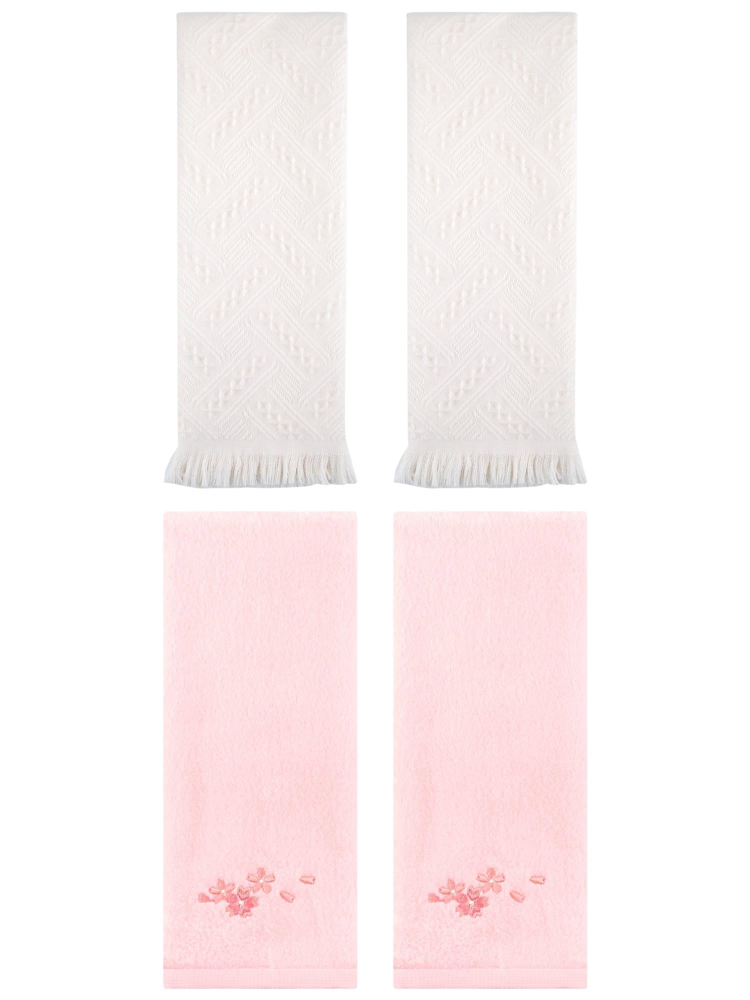 Unique Bargains 4 Pcs Floral Embroidered Bathroom Hand Towels 13" x 29" Pink/White