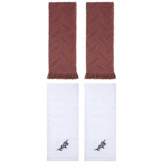 Unique Bargains 4 Pcs Floral Embroidered Bathroom Hand Towels 13" x 29" White/Brown